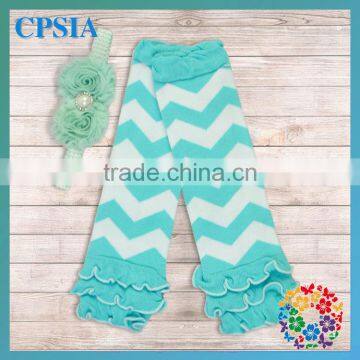 Stylish Ruffled Aqua Blue Chevron Leg Warmers Match with Headband Posh Infant Knee Pad