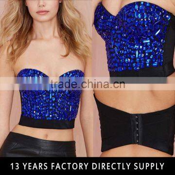 Fashion Blue High Quality Stones Stiched Strapless Lady Bralette