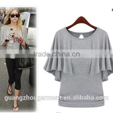 2015 Hot Selling Batwing Sleeve women Cloak Patchwork t shirt lady Grey Black European fashion Batwing Sleeve Tops & Tees