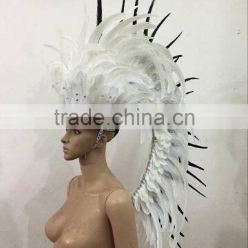 Professional carnival costume white black Brazil feather headpiece YW645