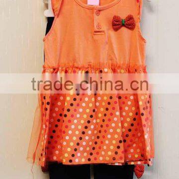 Summer New Style Baby Girl Short Sleeve Dress Set Orange Casual Dress With Bow-knot TP-7957