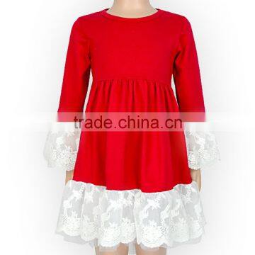 2017 Spring Boutique Clothing Plain Red Cotton Lace Trumpet Sleeves Design Baby Girl Dress photo-2
