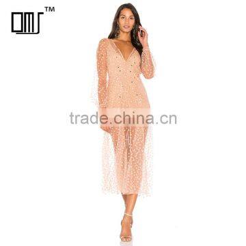 Raw hem embroidered tulle appliqued gauze backless long dress