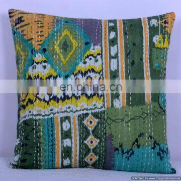 Indian Cotton Handmade Green Ikat Kantha Cushion Cover Kantha Throw Pillow Cover Decorative Ethnic Art