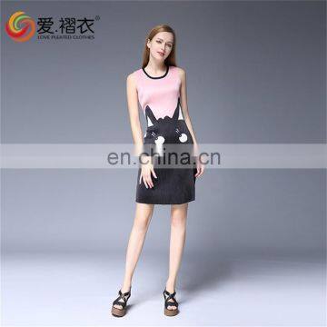 Fashion Wommen Clothes Pleated Cartoon Printed Sleeveless Round Neck Dress photo-3