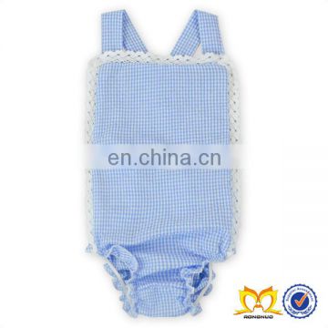 Light Blue Seersucker Gingham Crochet Lace Rompers With Headband Toddler Persnickety Remake Clothes Newborn Baby Clothes