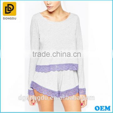 Plain color long sleeve cotton sleepwear with lace tream