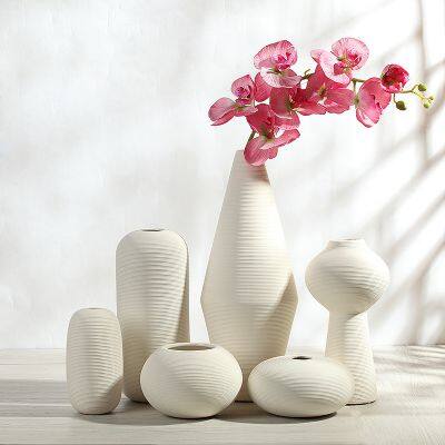 Biscuit Firing Modern Simple Style White Hand Kerf Geometry Ceramic Vase For Living Room