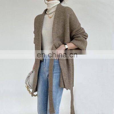 Женская модная овальное длинное кардиган из кашемира и шерсти с рибкой и поясом photo-1