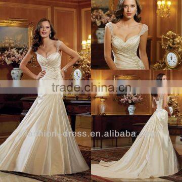 2014 Latest Elegant Beaded Straps Draped Satin Wedding Dress