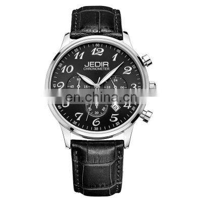 JEDIR 2022 Rose Gold Arabic Numeral London Quartz Watches 3 Eyes Chronograph Hardlex Leather Band Quality Men Wrist Watches