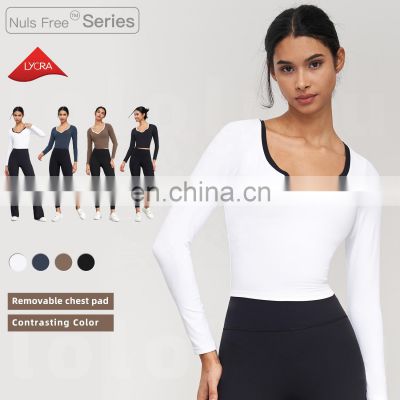 Contrast Color Sports Tight Shirts Women Long Sleeve V Neck Causal Custom Crop Tops 80nylon 20spandex