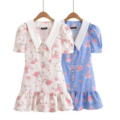 Fresh and Cute Style V-neck Puff Sleeve Collared Printed Dress for Women photo-4