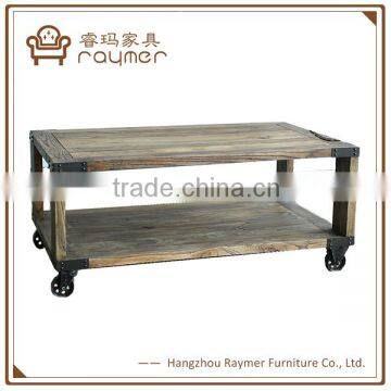 Oak Wood and metal French Industrial Coffee Table with wheels