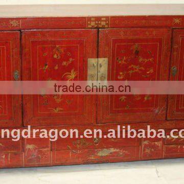 Chinese Antique Red Colour Golden Painting Kang Cabinet With Four Drawer Four Door 157*45*90cm