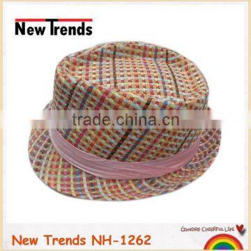 Colorful stripes straw fedora hat with the pink ribbon