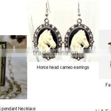 Fashion metal Horse head cameo book pendant Necklace with earring and brooch jewelry set