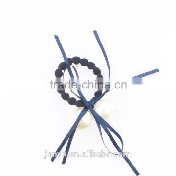 Fashion women girls big pearl beaded silk ribbon hair elastic band