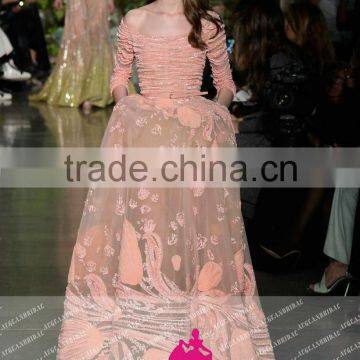 E26 Formal Three Quarter See Through Tulle Beading Evening Dress Pink dressed de festa dress longo