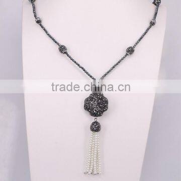 Clover Pave Crystal Gem Stone with Imitation Pearl Tassel Pendant Necklace, Rhinestone Ball Beads Hematite Beaded Necklace