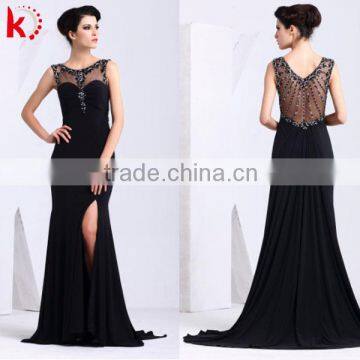 Sexy see-through backless sleeveless beaded floor length formal lace neck piece black evening dress