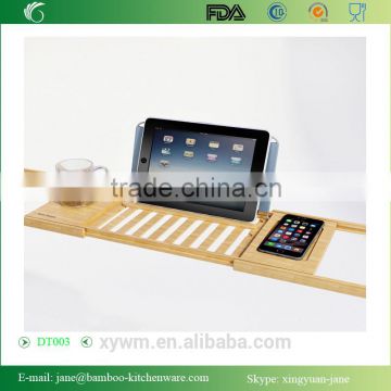 DT003 Bamboo Bathtub Caddy Tray with Extending Sides and Bath Table Shelf Holds Tablet Book Phone and a Glass of Wine