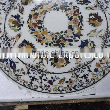 White Round Marble Stone Inlay Dinning Table Top Pietra Dura Table Top