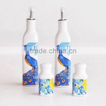 porcelain oil bottle and salt & pepper set with peacock design