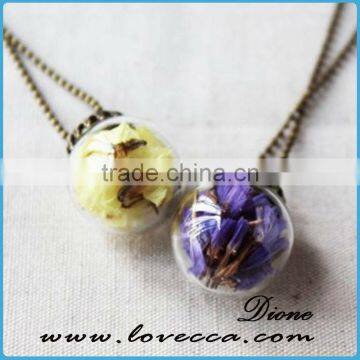 Antiqued Brass Glass Globe Jewelry necklace with dried flower