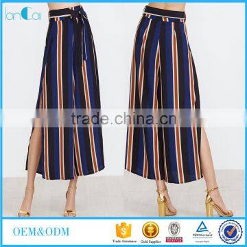 Vertical striped slit side wide leg with belt fashion pants for women