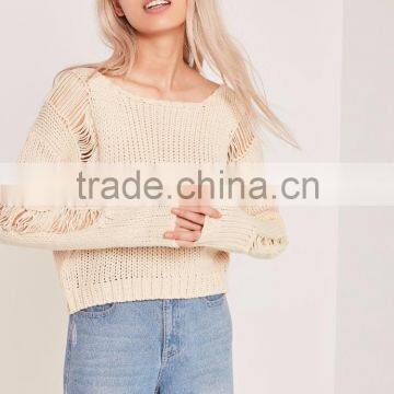 Plain White Ladies Sweater Knitwear Pullover Drop Shoulder Ladder Shoulder Distressed Crop Jumper Women photo-2