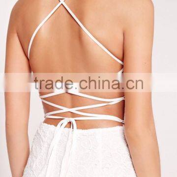 Wholesale Top Quality Strappy Lace Bodycon Dress White Cross Back Evening Dress Embroidered Lace Up V Neck Midi Dress photo-5