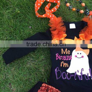 Halloween Gost Sequins Short Outfits Girls Print Suit Long Sleeves Top Set With Matching Necklace and Headbans Set photo-5