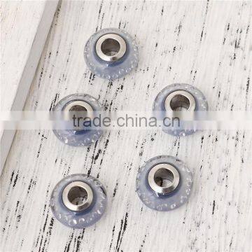 Lampwork Glass & Cubic Zirconia European Style Large Hole Charm Beads Round Blue Clear W/ Stainless Steel Silver Tone Core photo-3