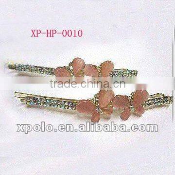 2 pcs gold plated butterfly decorating hair bobby pin with light pink peach and AB crystal