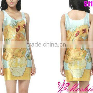 2013 New Women Digital Print Dress Flowers Paint Package Hip Dress