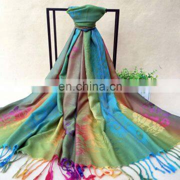 Latest design lady elegant colorful peacock custom logo winter shawl pashmina scarf with tassels