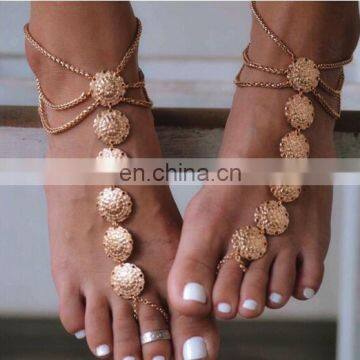 Vintage Ethnic Boho Beach Barefoot Sandal Carved Multilayer Tassel Ankle Chain