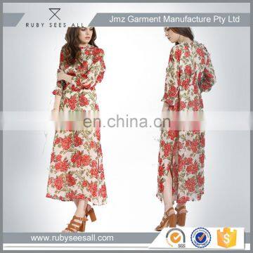 OEM sexy lady casual chiffon long sleeve maxi dress new western floral printed design low moq 2016