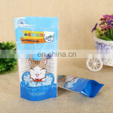 factory price customized biodegradable round bottom stand up pouch, clear window plastic bags for pet bath sands packing