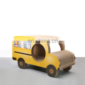 Funny cat corrugated paper yellow school bus for cat scratching/ claw grinding toy