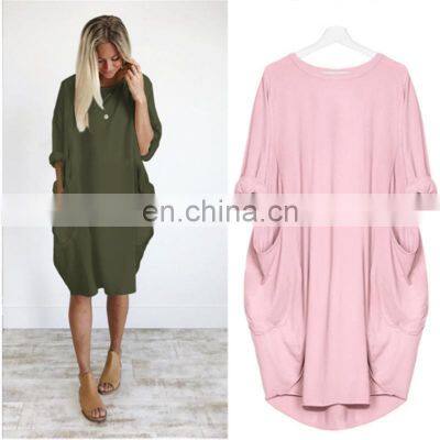 Factory direct sales custom women's casual loose pocket long sleeve plus size fat sister dress S-5XL