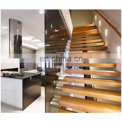 Modern Wood Straight Staircase Cantilevered Stairs with Wood Tread and Glass Railing Stair Design