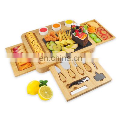 Unique Bamboo Cheese Board Charcuterie Platter & Serving Tray Including 4 Knife