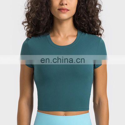 2023 Spring New Short Sleeve Yoga Crop Top Ribbed Sports Gym Wear Outdoor Walking Training Fitness T Shirt For Women