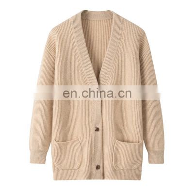 Manufacturer Casual Knitwear Thick Winter Rib Knitted V-Neck Women's Cashmere Cardigan