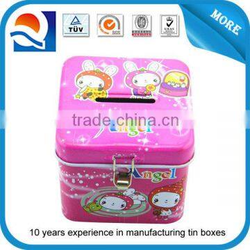 Square tin coin bank with hinge