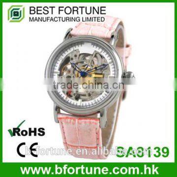 SA8139 Professional China automatic movement stainless steel case back leather strap watch