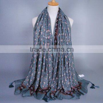 New Autumn Winter Wide Tassel Position Printed Floral Voile Scarf