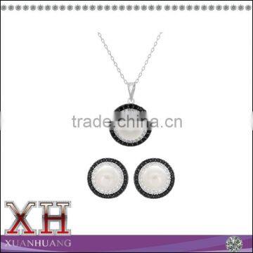 Cubic Zirconia White and Black Plated Silver Jewelry Set with Cultured Pearl